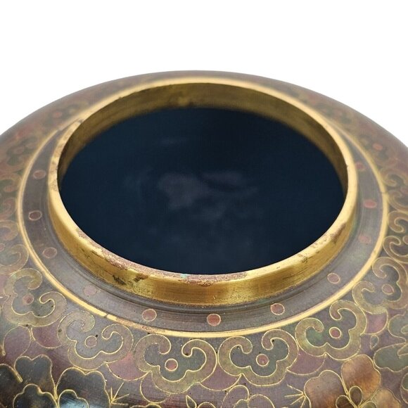 Vtg Chinese Cloisonne Ginger Jar & Lid Thousand Flower Design Brass Browns Gold - Picture 8 of 16